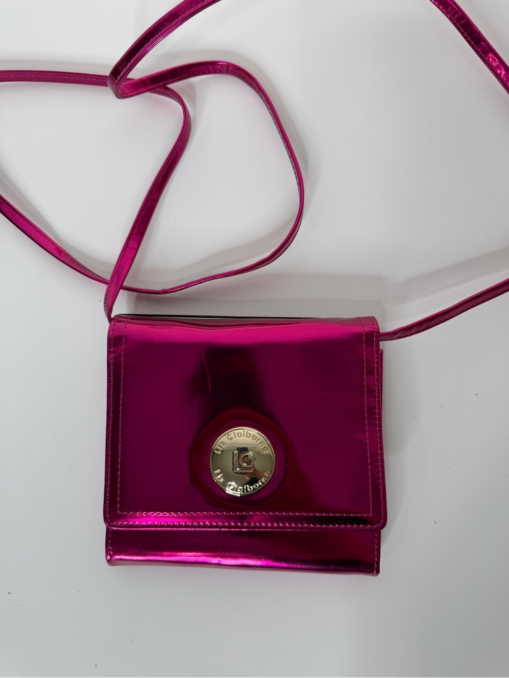 Liz Claiborne Metallic Fuchsia Pink Crossbody with Gold Medallion